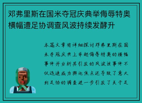 邓弗里斯在国米夺冠庆典举侮辱特奥横幅遭足协调查风波持续发酵升